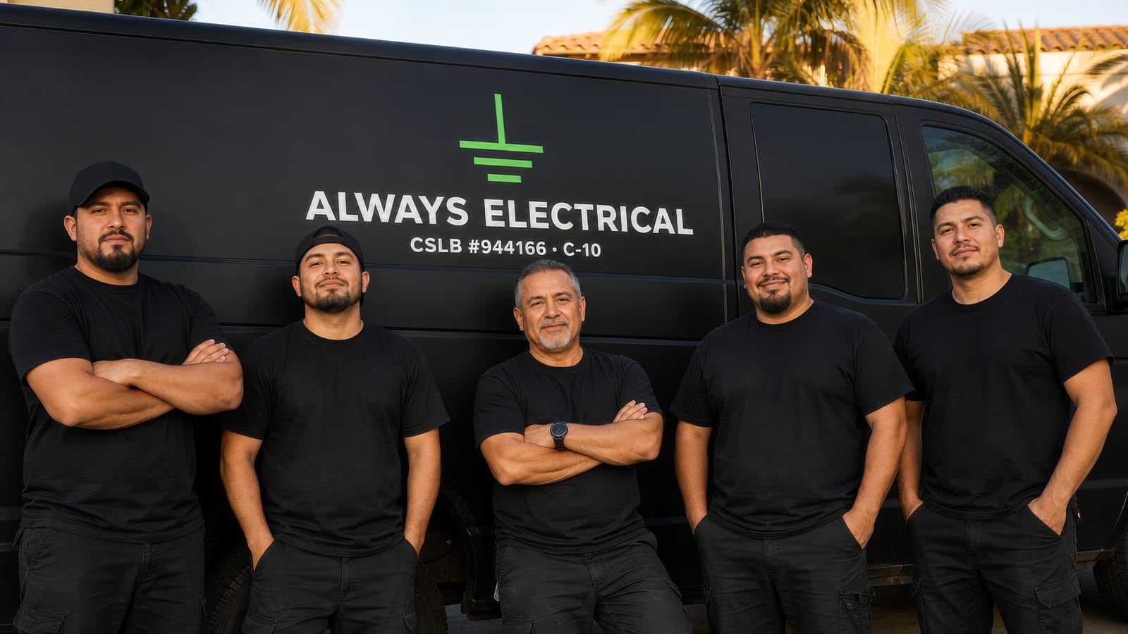 The Always Electrical crew standing in front of their black work van, its side carrying the green ground mark, the ALWAYS ELECTRICAL wordmark and CSLB #944166 · C-10.