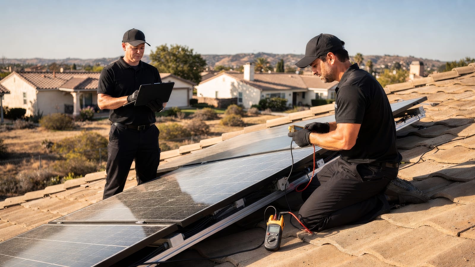 A solar technician kneeling on a tile roof, probing a module junction box with a clamp meter while a second technician checks the string.