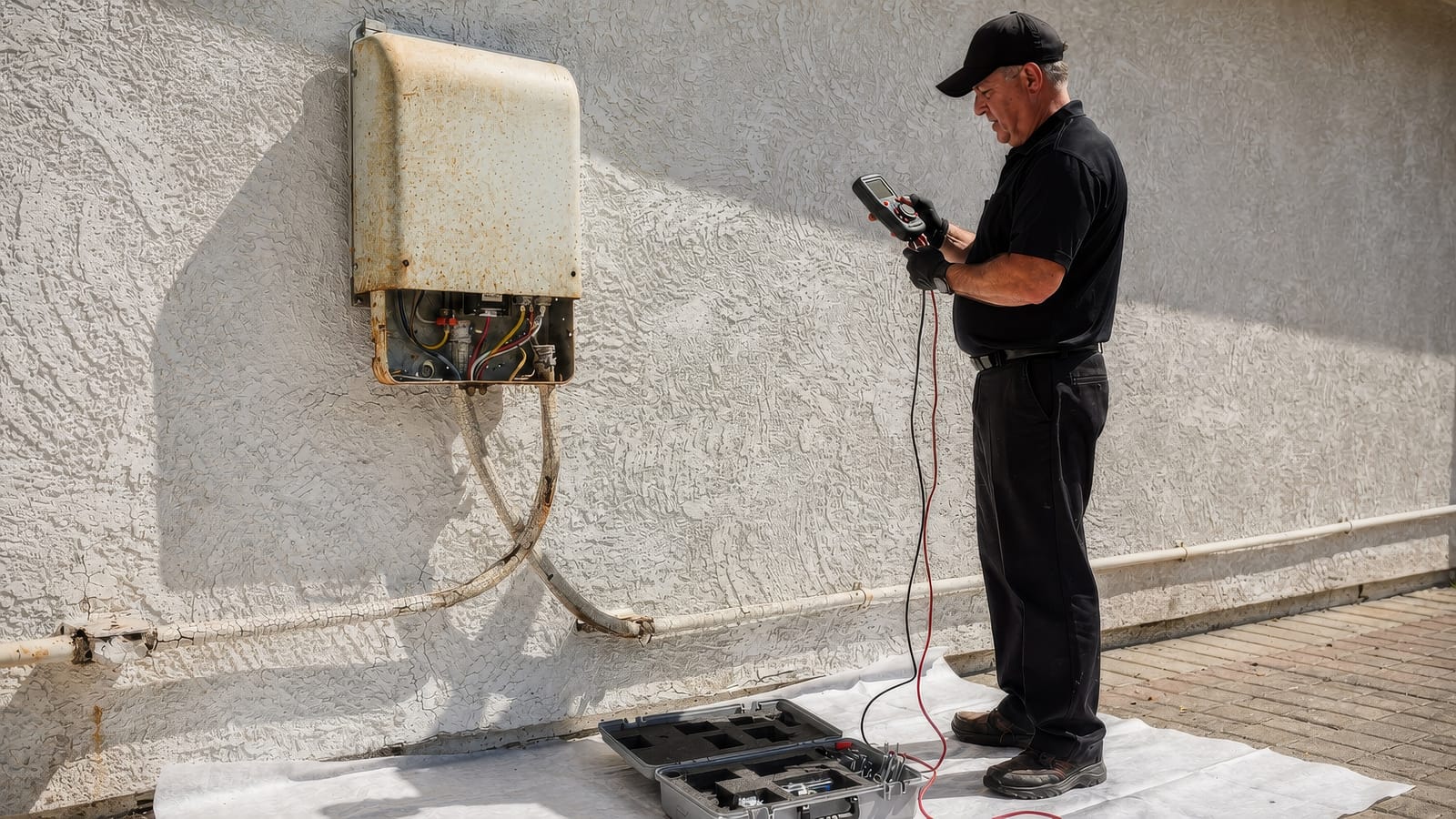 A veteran technician metering the conductors inside a sun-faded, weathered string inverter mounted on a stucco wall.