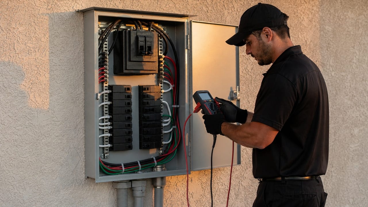 An electrician metering a breaker inside an open residential load center, the green equipment grounds gathered on the ground bar.