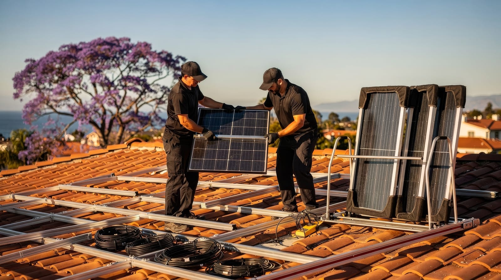 Two technicians lifting a solar panel off its mounting rails on a tile roof, with removed panels staged upright in a padded rack beside them.