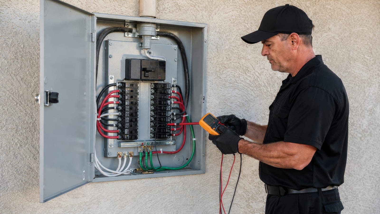 An electrician in plain black work clothes testing a residential service panel with a digital multimeter, the dead-front off and the green grounding conductors visible on the ground bar.