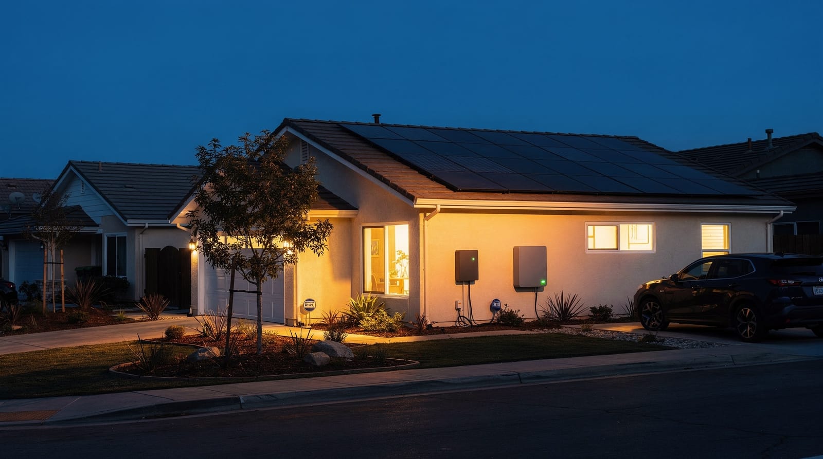 A San Diego home lit from within at dusk while the houses along the street behind it sit dark.