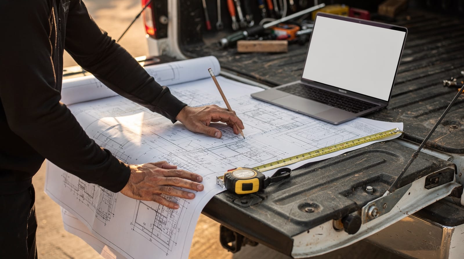 Electrical plans spread across a truck tailgate, weighted by a tape measure, a run being marked in pencil.