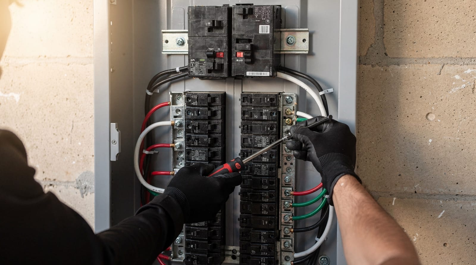 Gloved hands landing conductors in a new residential load center, the green equipment grounds gathered on the ground bar.