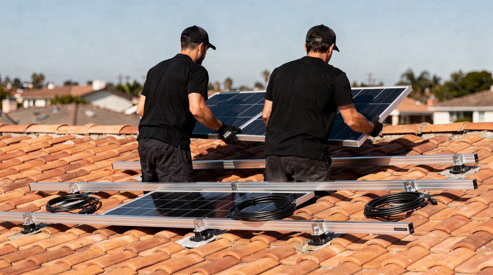Two installers seen from behind on a tile roof, lowering a new solar module onto freshly mounted aluminium rails.