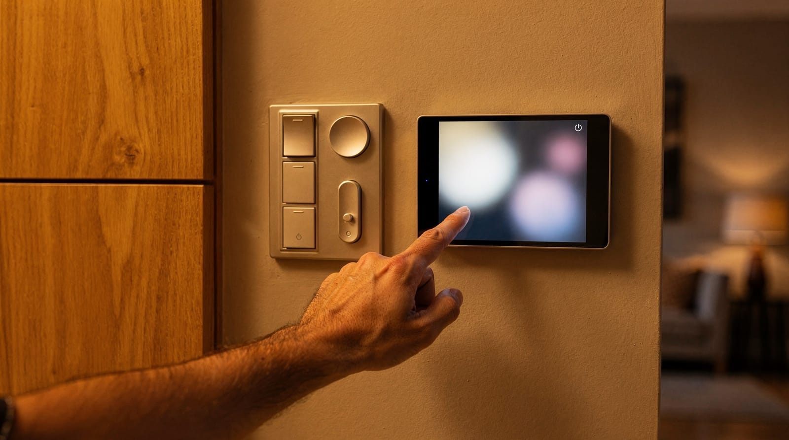 A hand reaching to a wall-mounted smart home control panel beside a bank of modern rocker switches.