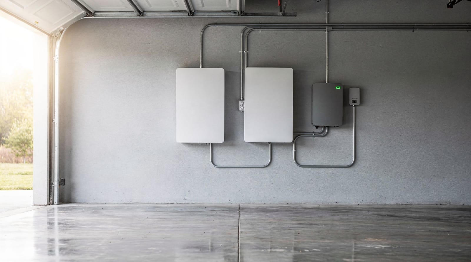 Two wall-mounted home batteries, an inverter and a backup gateway installed on a clean garage wall with tidy conduit runs.
